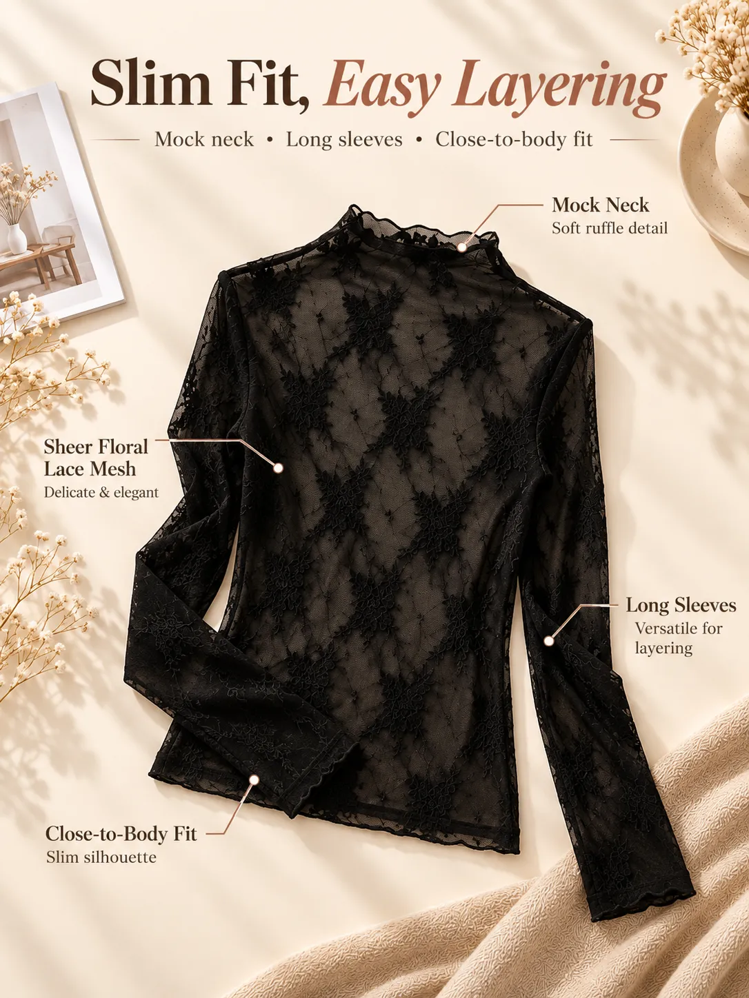 Slim fit long sleeve floral lace mock neck layering top
