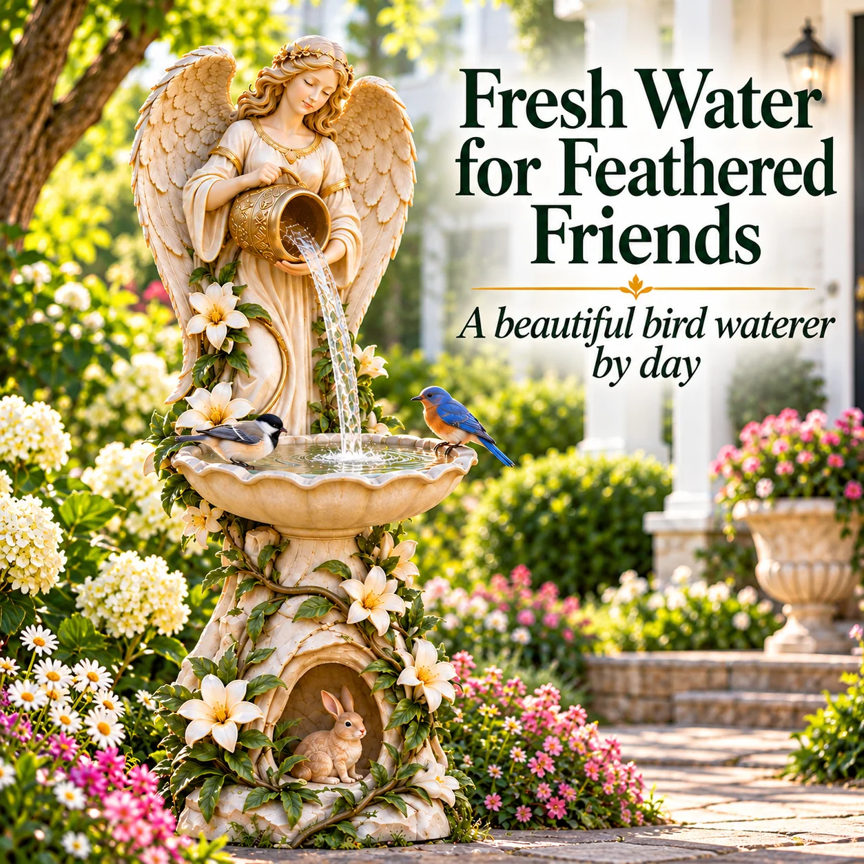 Daytime view of the angel bird waterer with birds perched around its basin