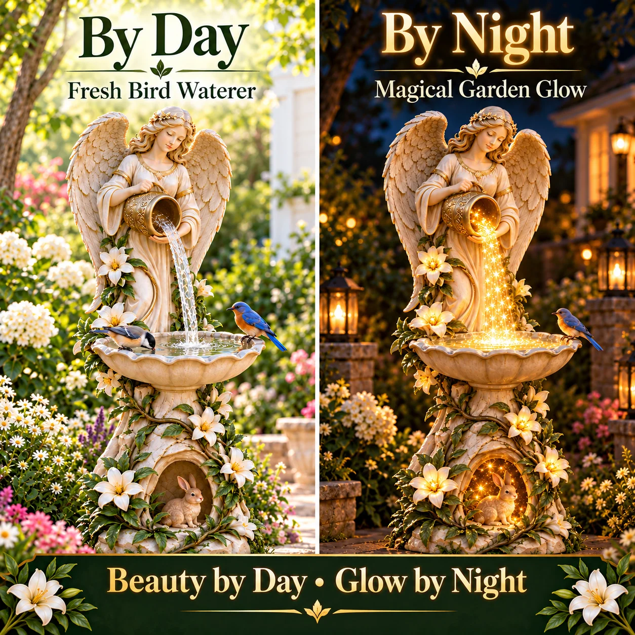 Day and night views showing the bird waterer and its evening decorative lights