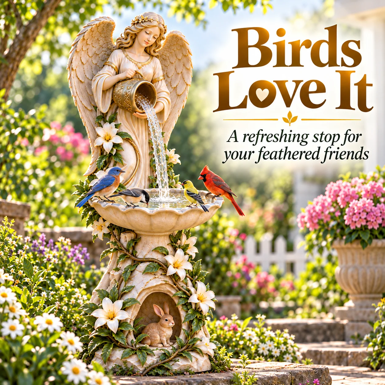 Garden scene illustrating birds gathered around the angel water basin