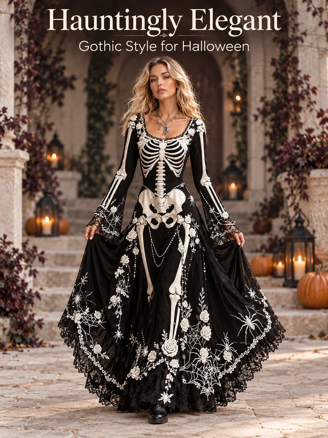 Black gothic skeleton maxi dress styled for Halloween