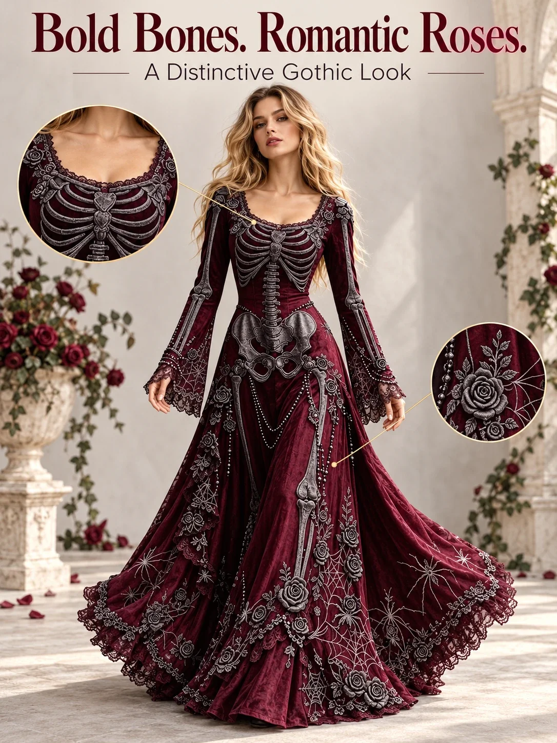 Red skeleton maxi dress with rose and skeletal motif details