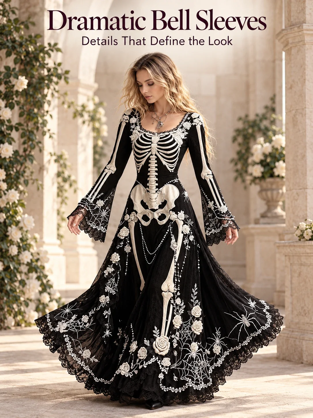 Black gothic maxi dress showing long bell sleeves