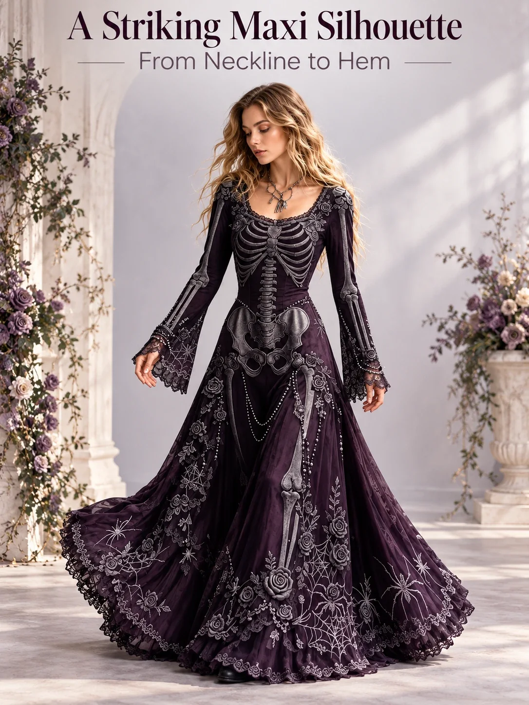 Dark purple skeleton maxi dress showing the waist and long silhouette
