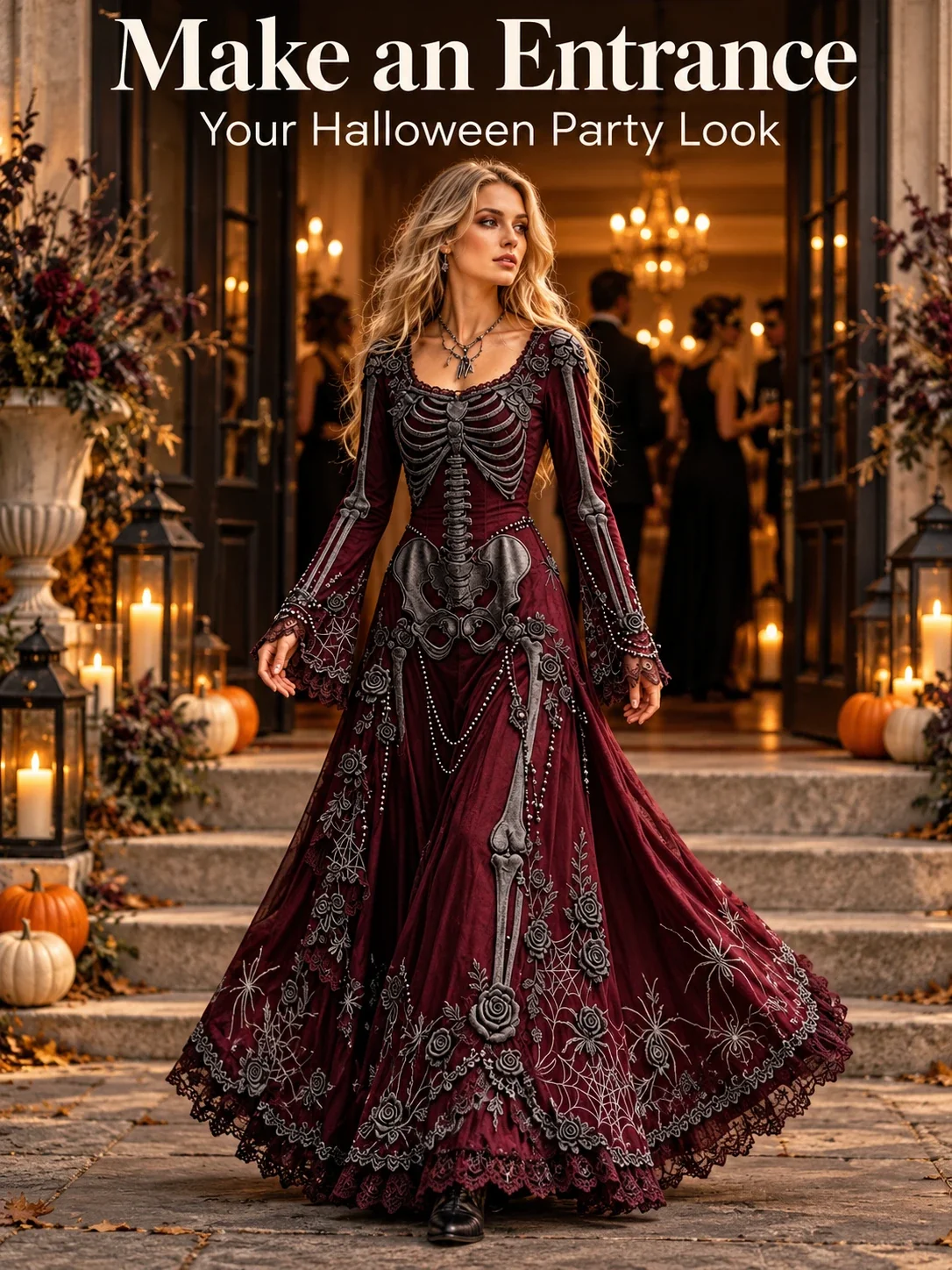 Red gothic skeleton maxi dress in a Halloween party setting