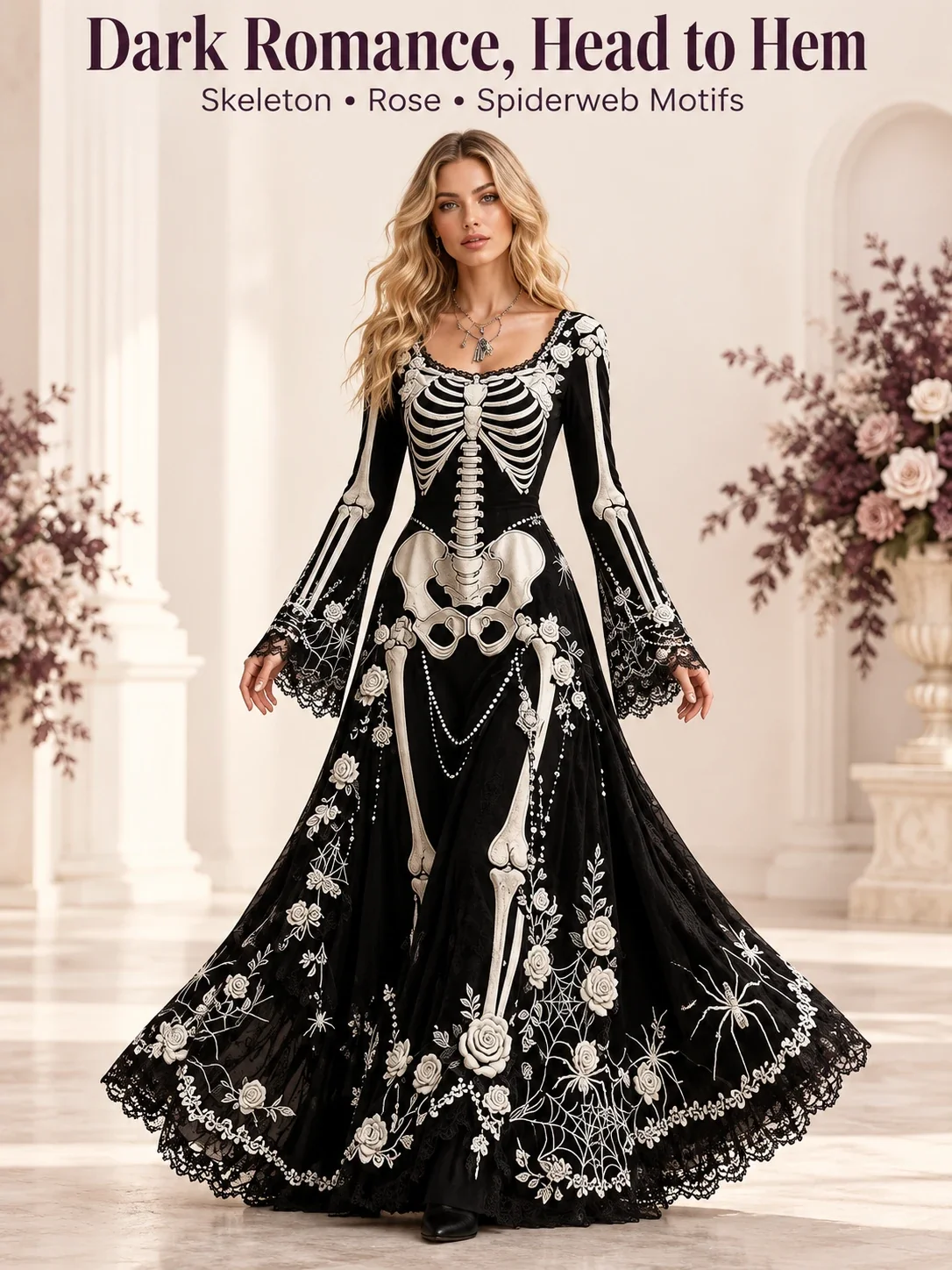 Front view of the black skeleton rose and spiderweb maxi dress