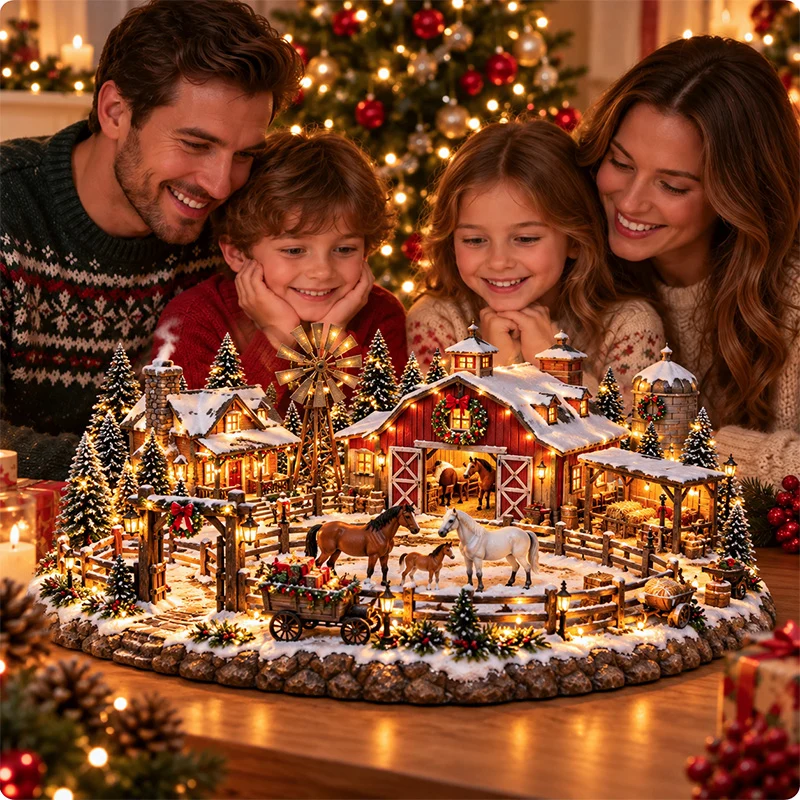 Family enjoying Christmas Horse Stable Village