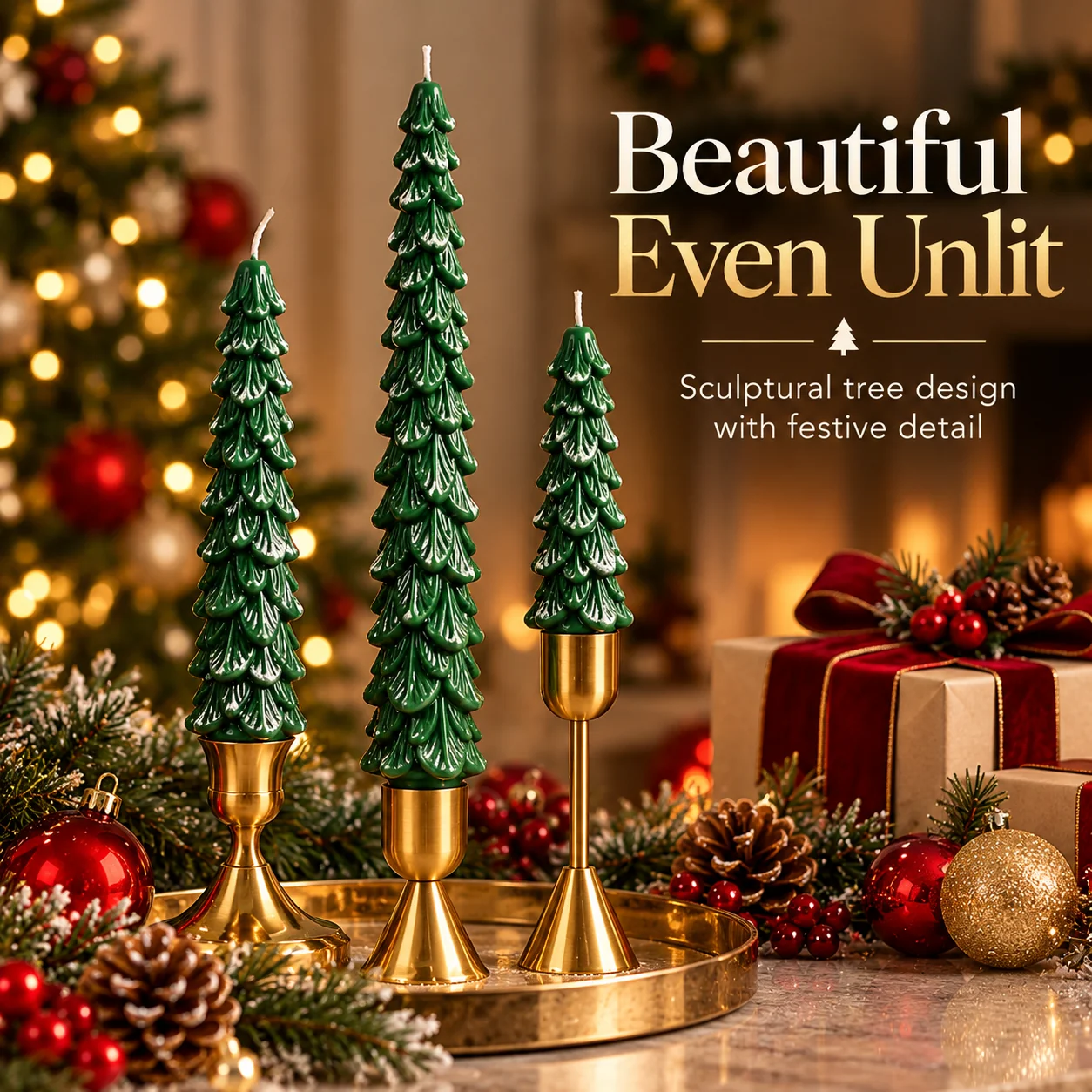 Detailed green Christmas tree candles displayed unlit