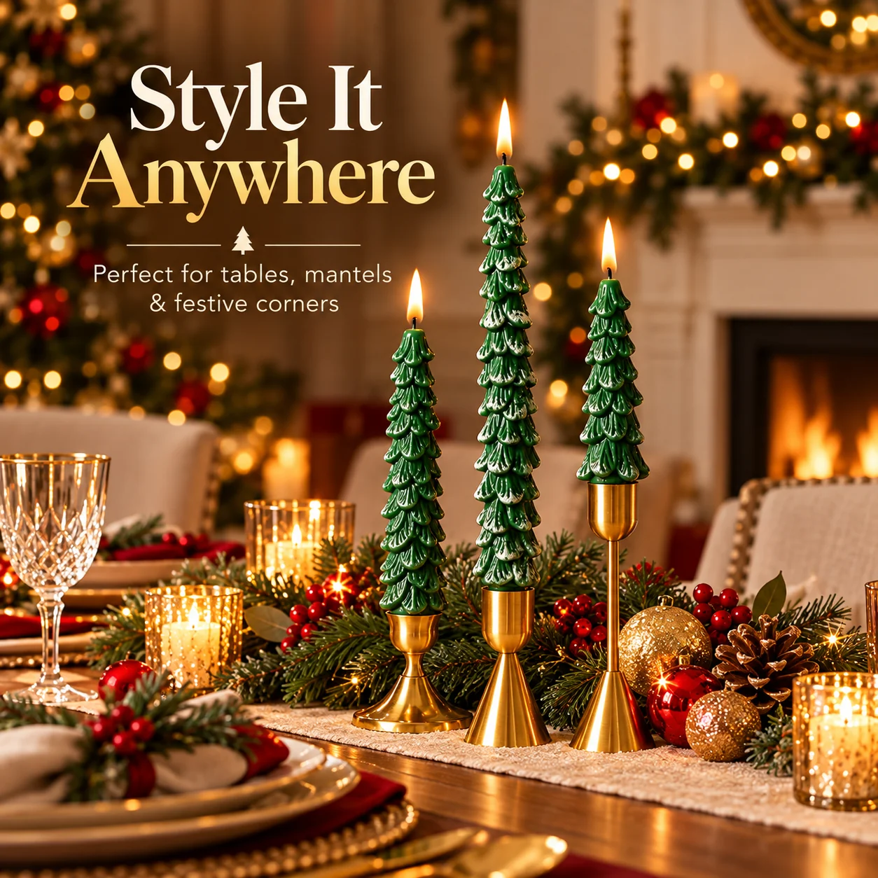 Beautiful Christmas tree-shaped candles as part of an elegant holiday centerpiece