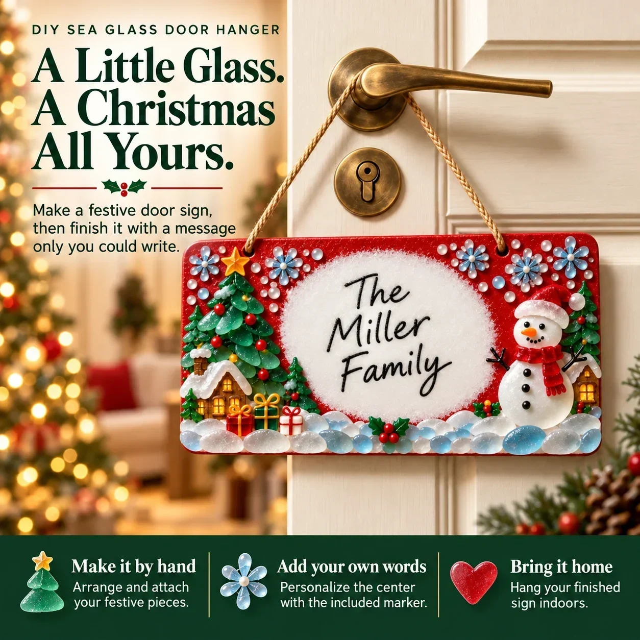 First Shopify gallery infographic of the sea glass Christmas sign with its handwritten-message area