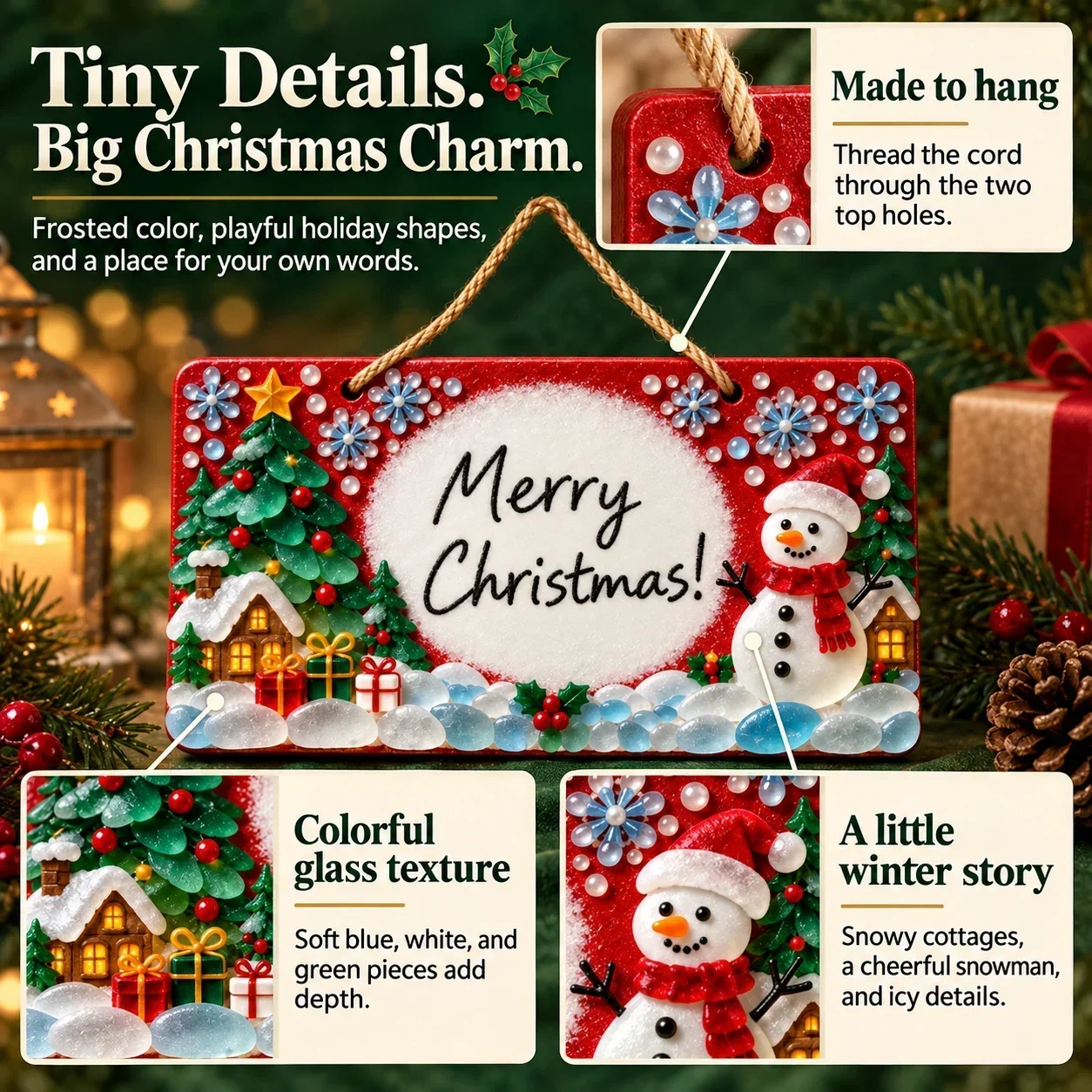 Close-up product infographic of sea glass pieces and hanging details