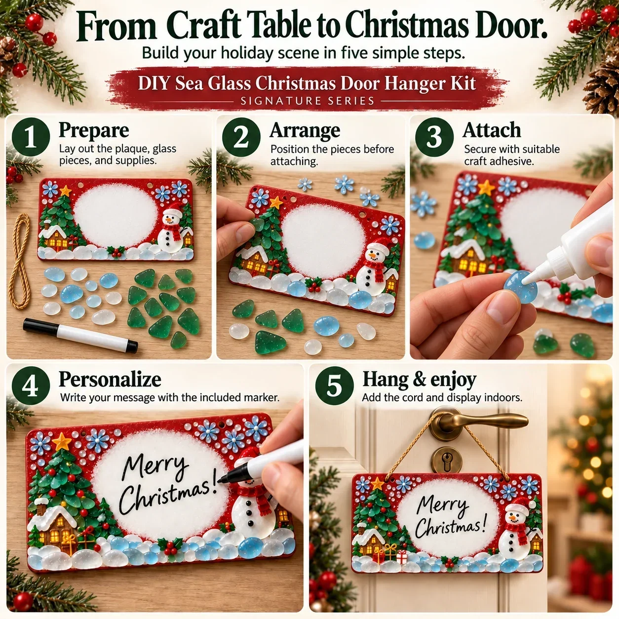 Five-stage illustrated process for arranging, attaching, writing and hanging the sign