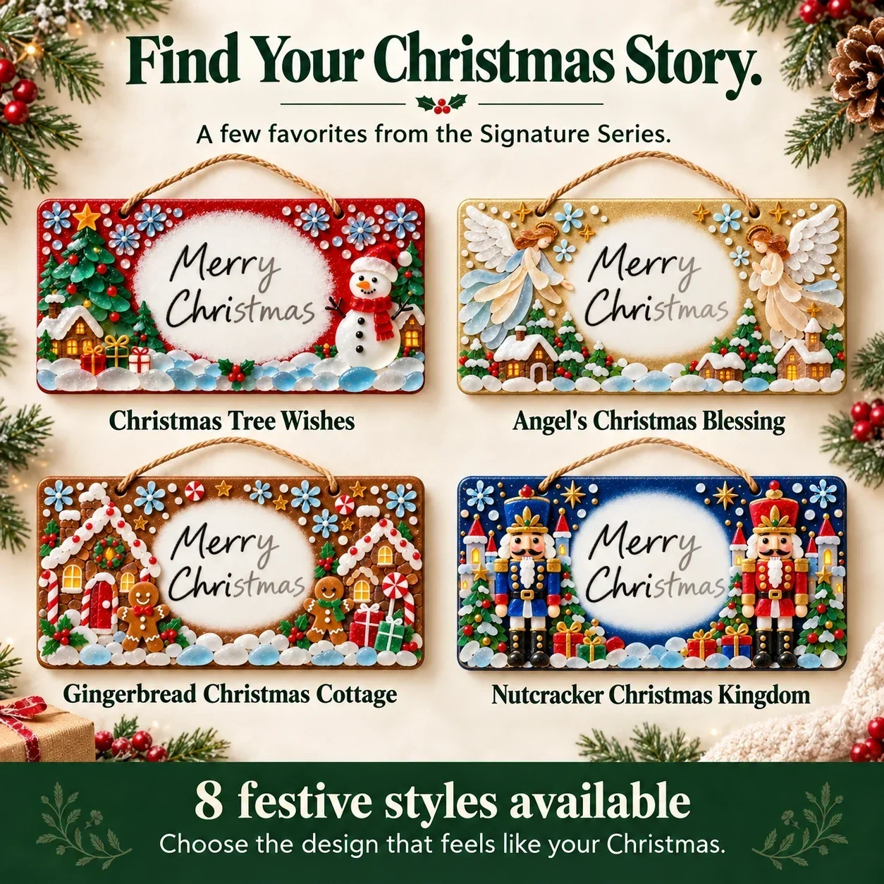 Product gallery overview of festive sign styles