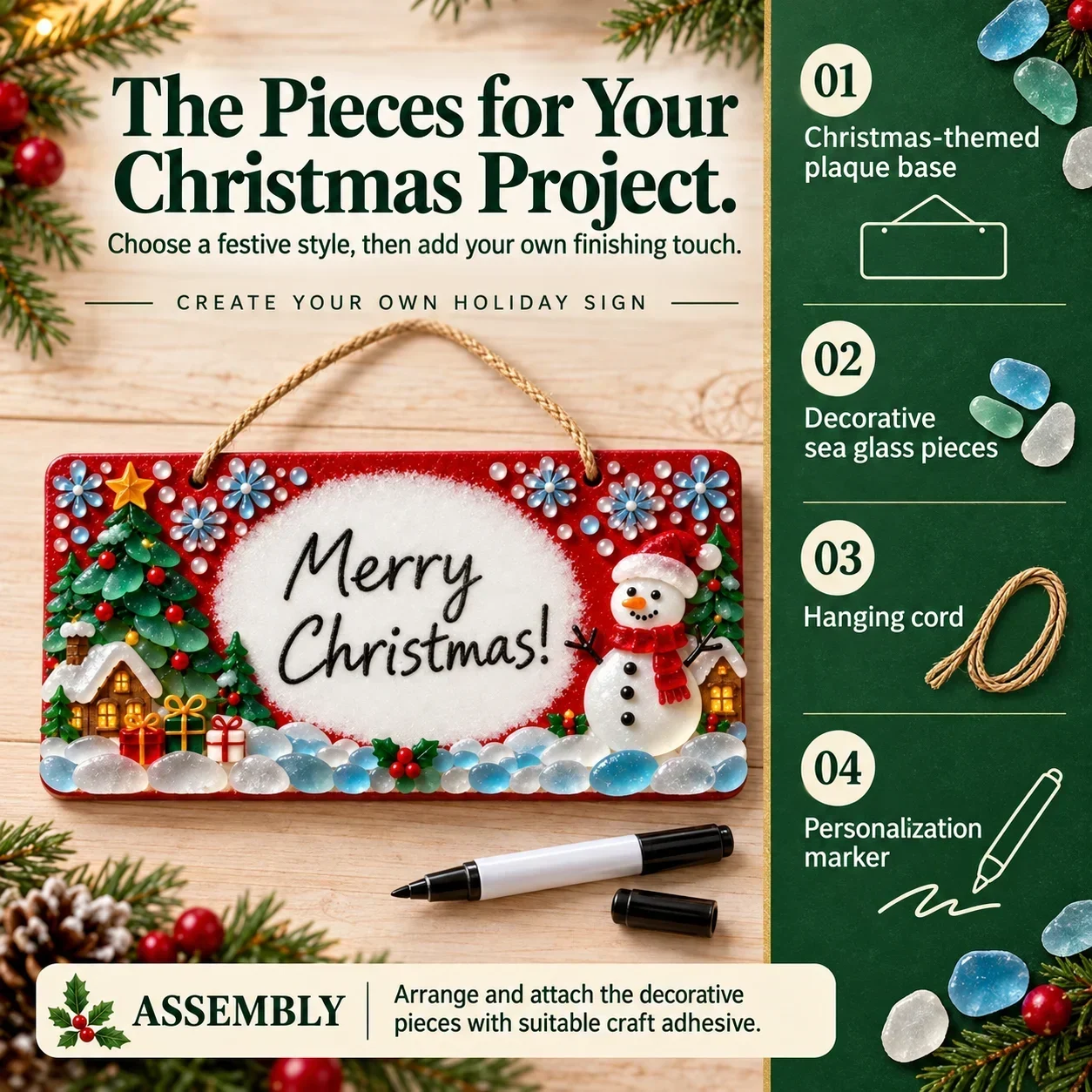 Product size and kit contents infographic showing plaque, sea glass pieces, hanging cord and marker