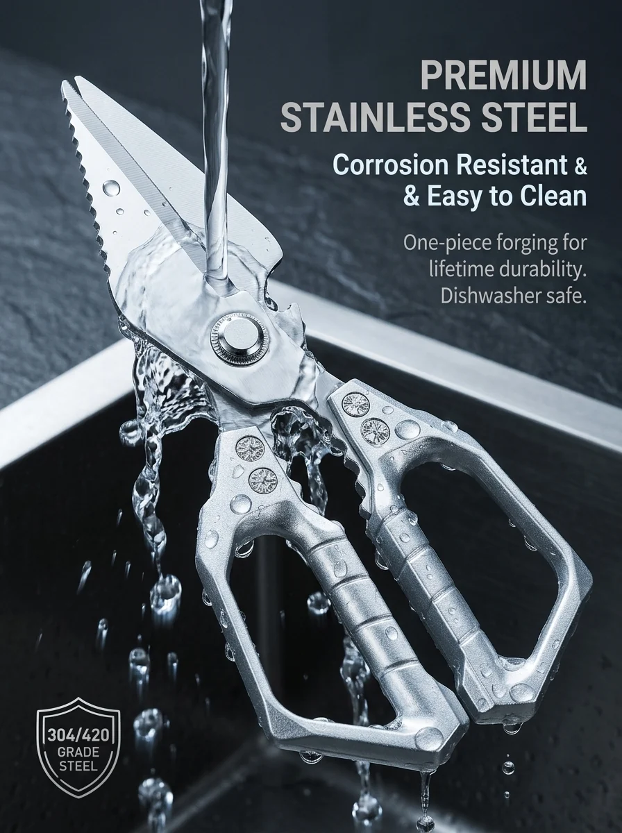 Stainless steel kitchen shears being thoroughly cleaned