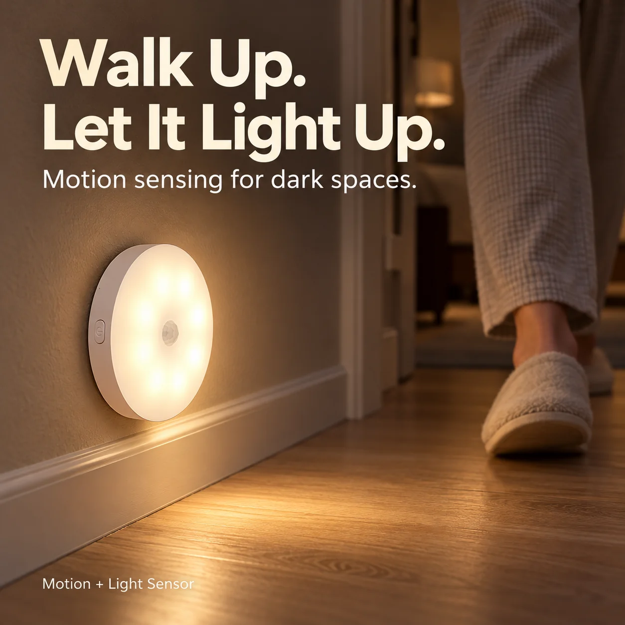 Motion sensor night light automatically illuminating a dark space