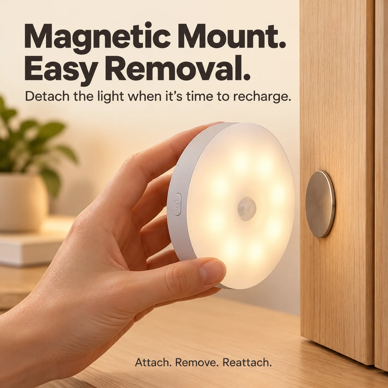 Removable magnetic mounting design of the rechargeable night light