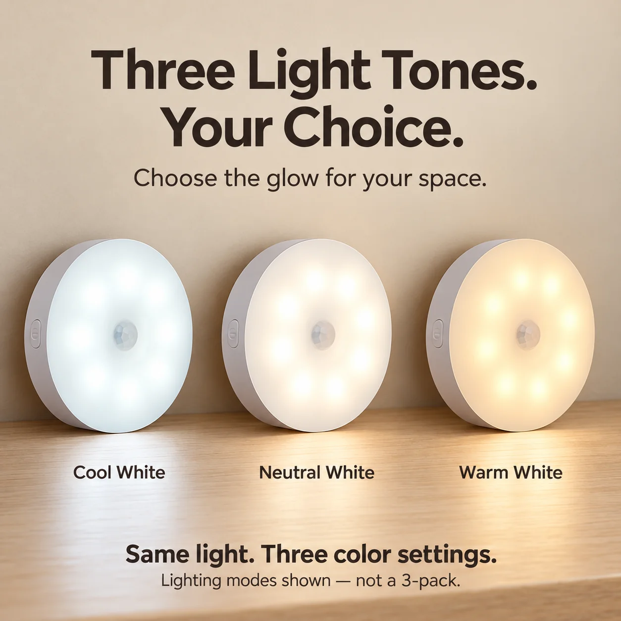 Cool neutral and warm white settings of the motion sensor light