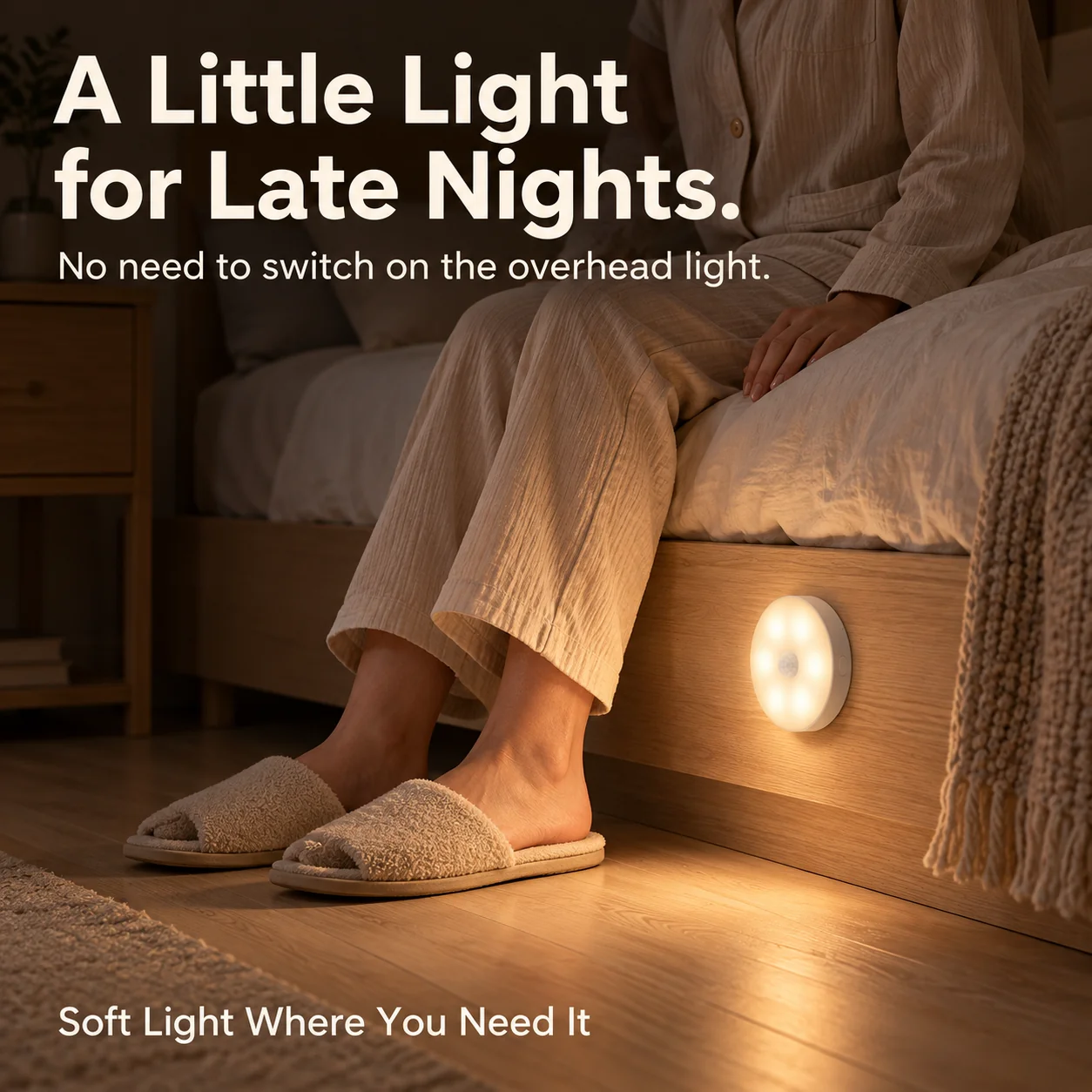 Motion sensor night light used beside a bed at night