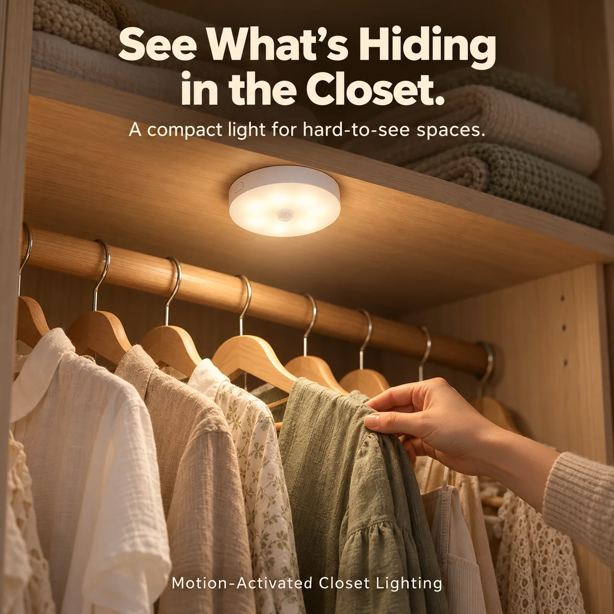 Compact motion sensor light illuminating a dark closet shelf