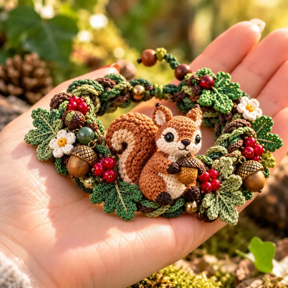 Acorn Squirrel woodland crochet bracelet