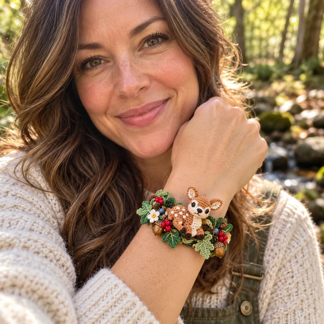 Woman wearing Little Fawn woodland bracelet