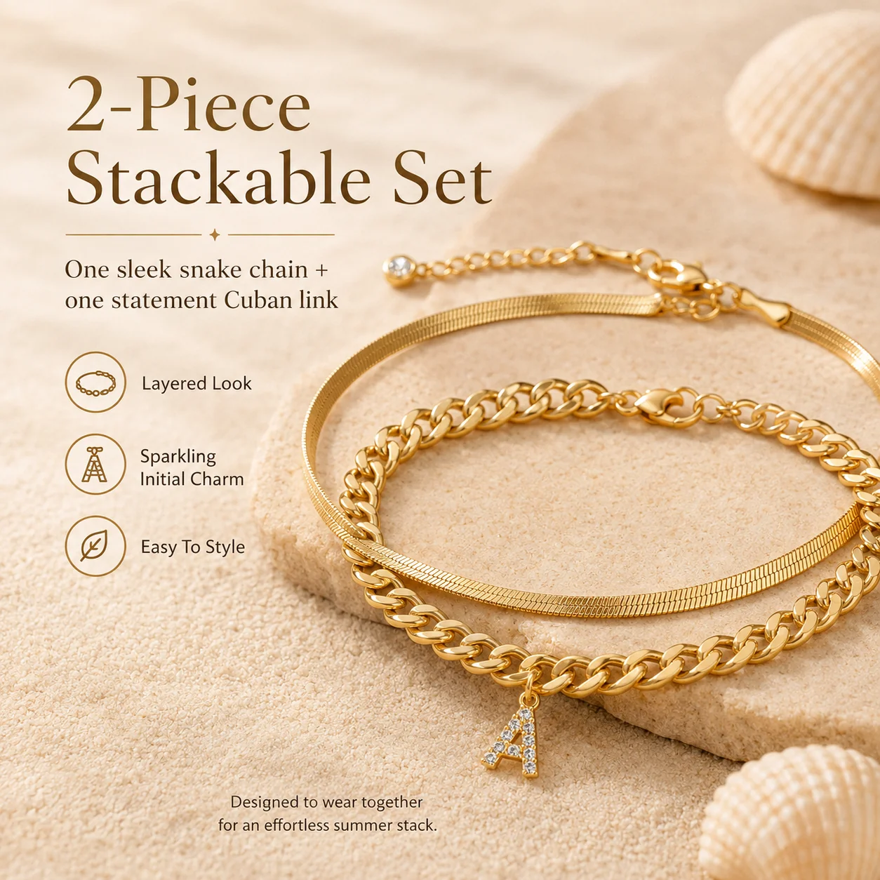 Two piece stackable gold anklet set