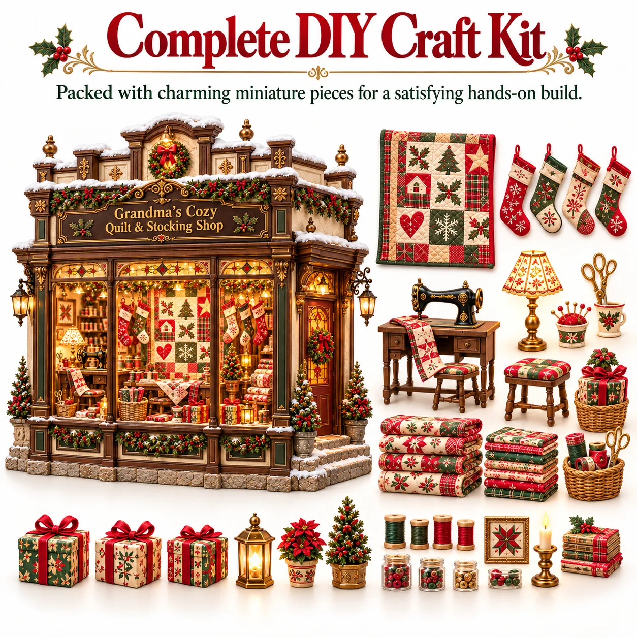 Grandma's Christmas quilt shop miniature with sewing machine fabrics stockings and gifts