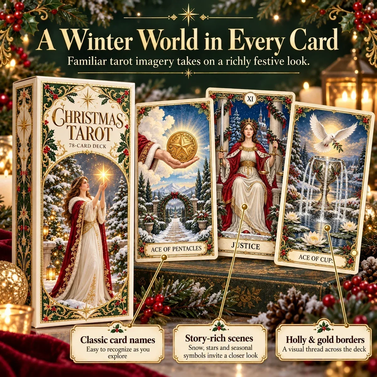 Christmas Tarot cards showing classic card names, winter scenes, and decorative borders
