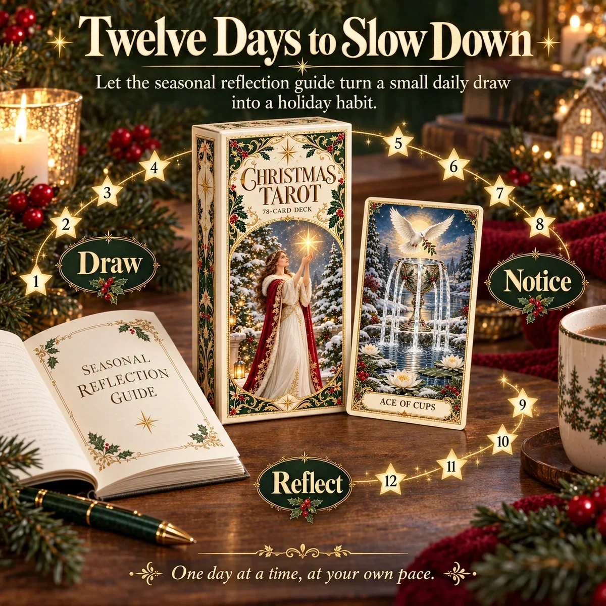 Christmas Tarot 12-day reflection guide shown with cards and a seasonal draw sequence