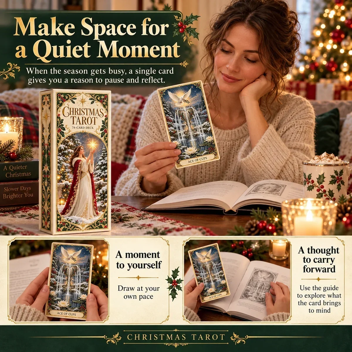 Quiet Christmas Tarot card reflection beside an open notebook