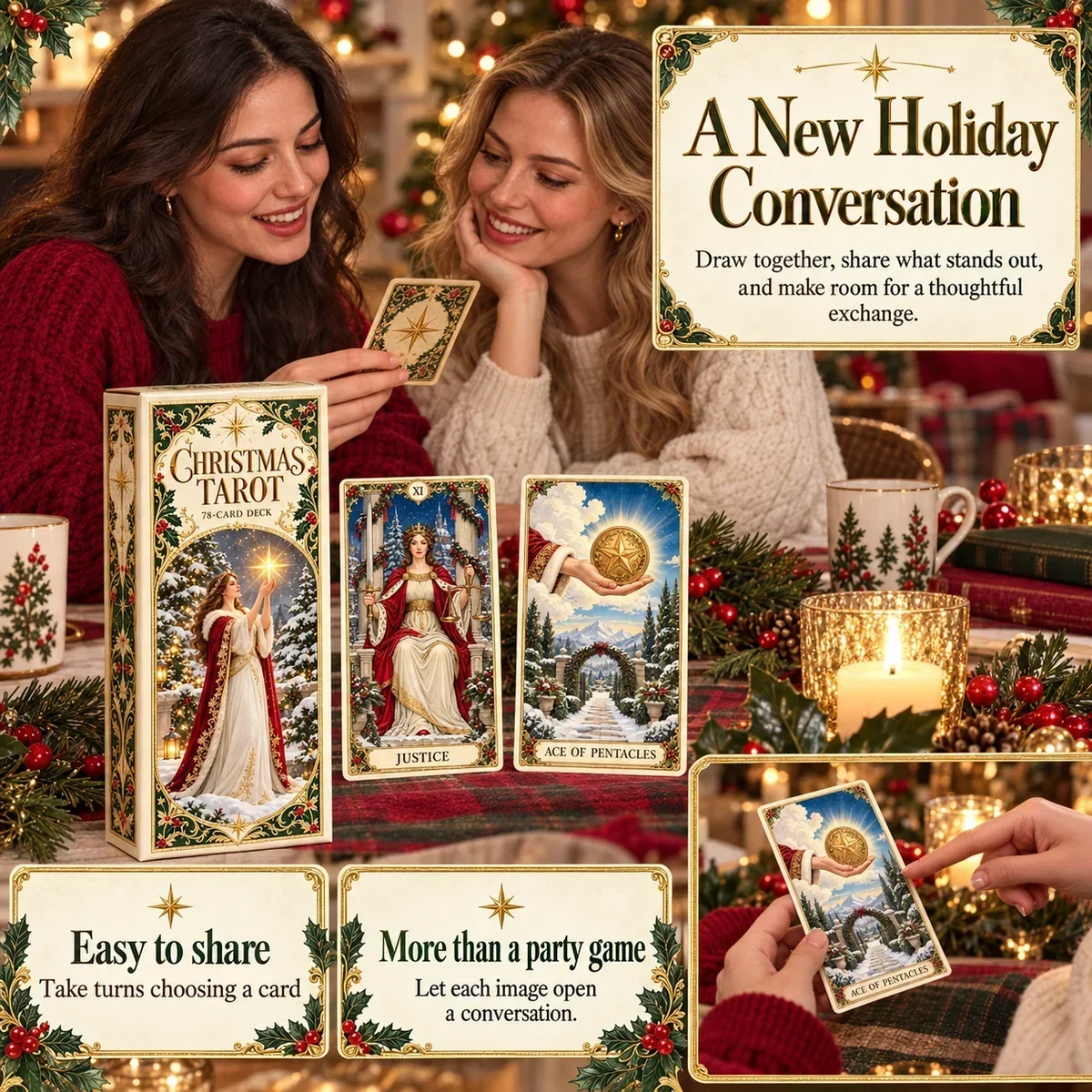 Two friends sharing a Christmas Tarot card draw