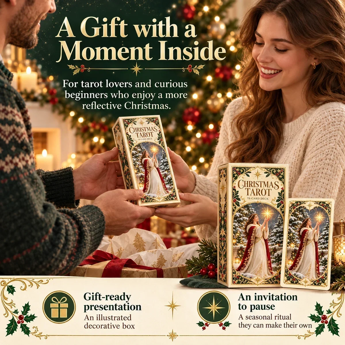 Christmas Tarot decorative box and deck being given as a holiday gift