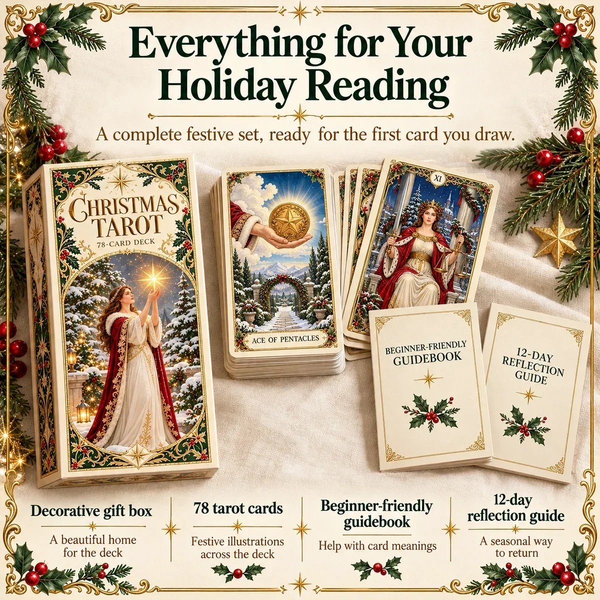 Complete Christmas Tarot set showing 78 cards, beginner-friendly guidebook, 12-day reflection guide, and decorative gift box