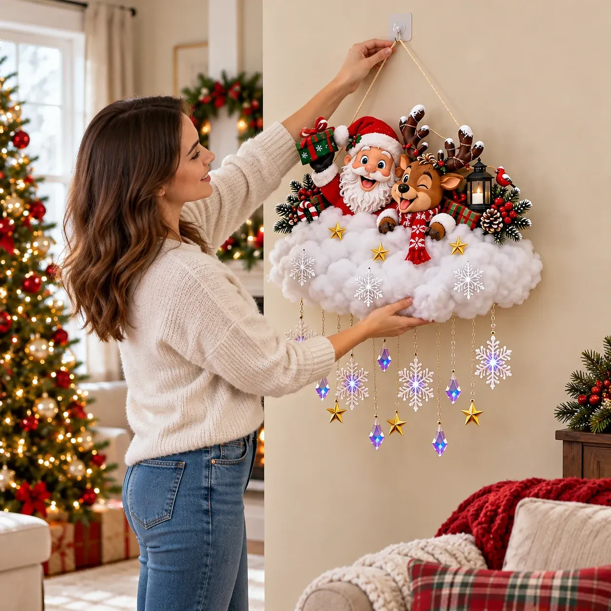 Woman hanging the Santa and reindeer Christmas cloud decoration Woman hanging the Santa and reindeer Christmas cloud decoration