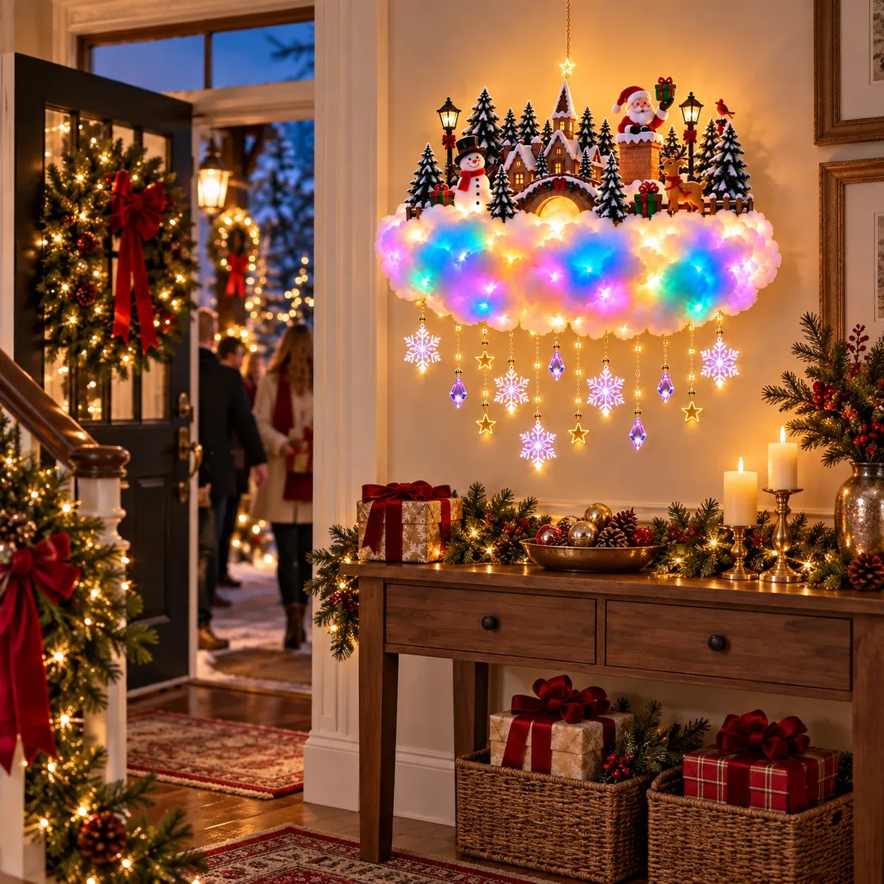 Christmas village cloud light welcoming guests in an entryway
