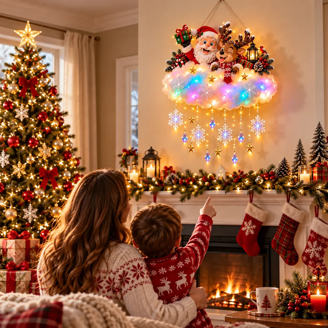 Family admiring the illuminated Santa and reindeer cloud decoration