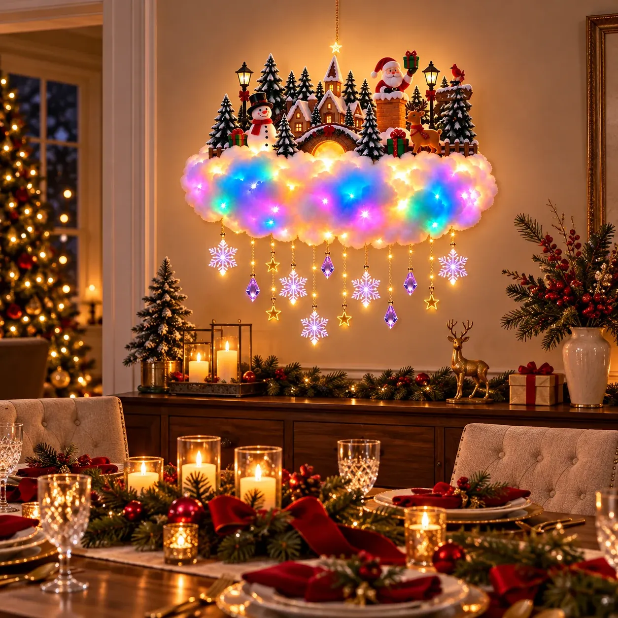 Christmas village cloud light decorating a holiday dining room