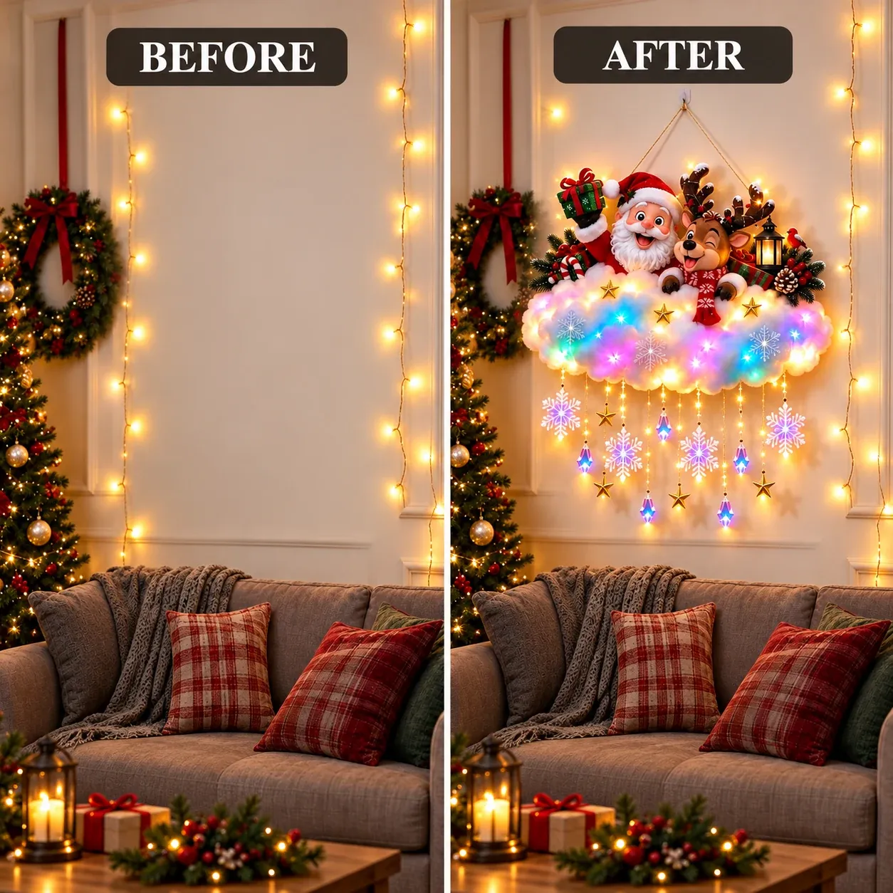 Living room wall before and after adding the Christmas cloud light