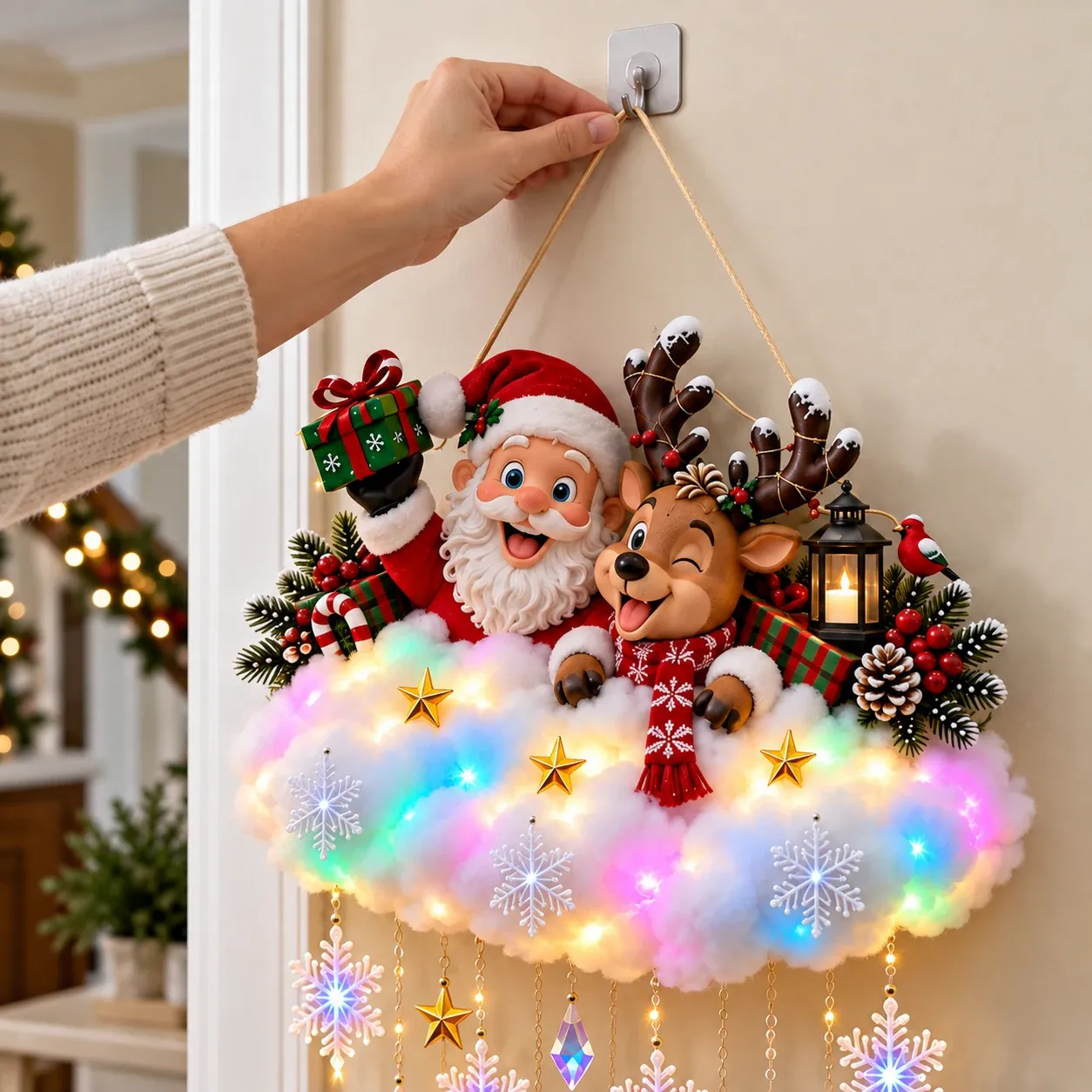 Close view of placing the multicolor illuminated Christmas cloud hanging on a wall hook