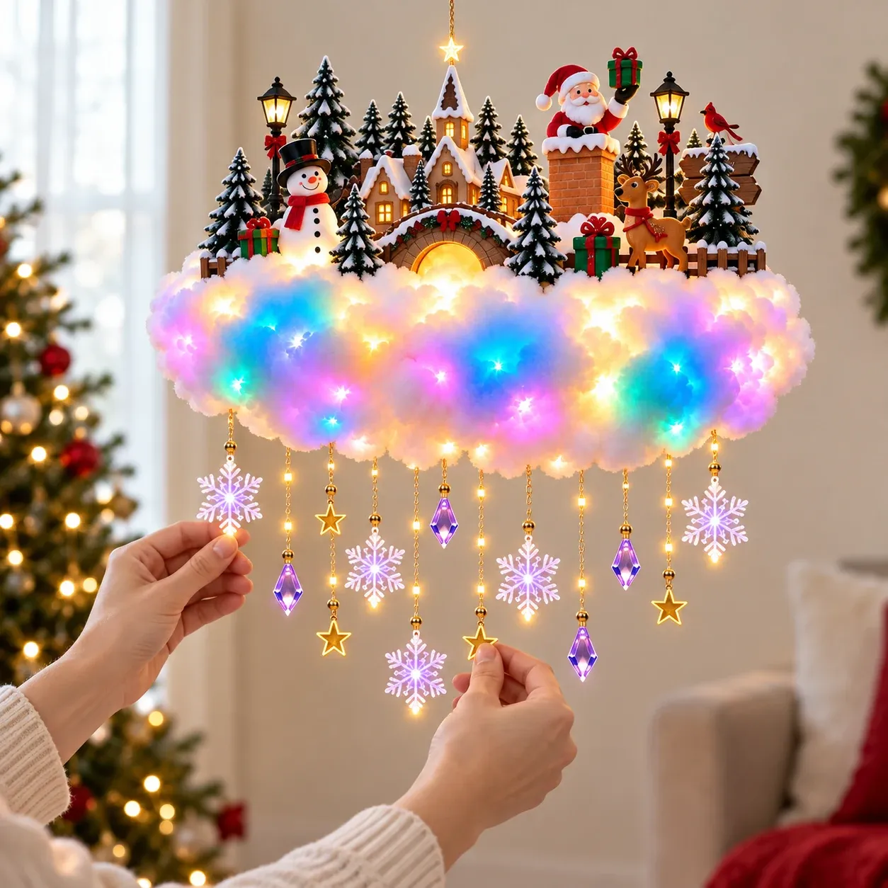 Hands gently arranging the hanging snowflakes stars and crystals