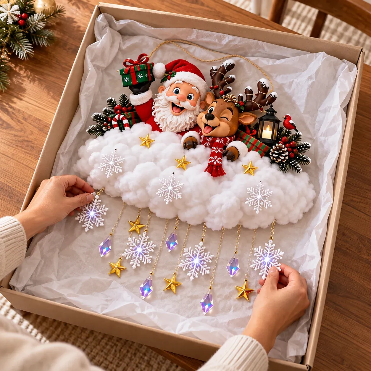 Christmas cloud decoration laid flat for careful storage