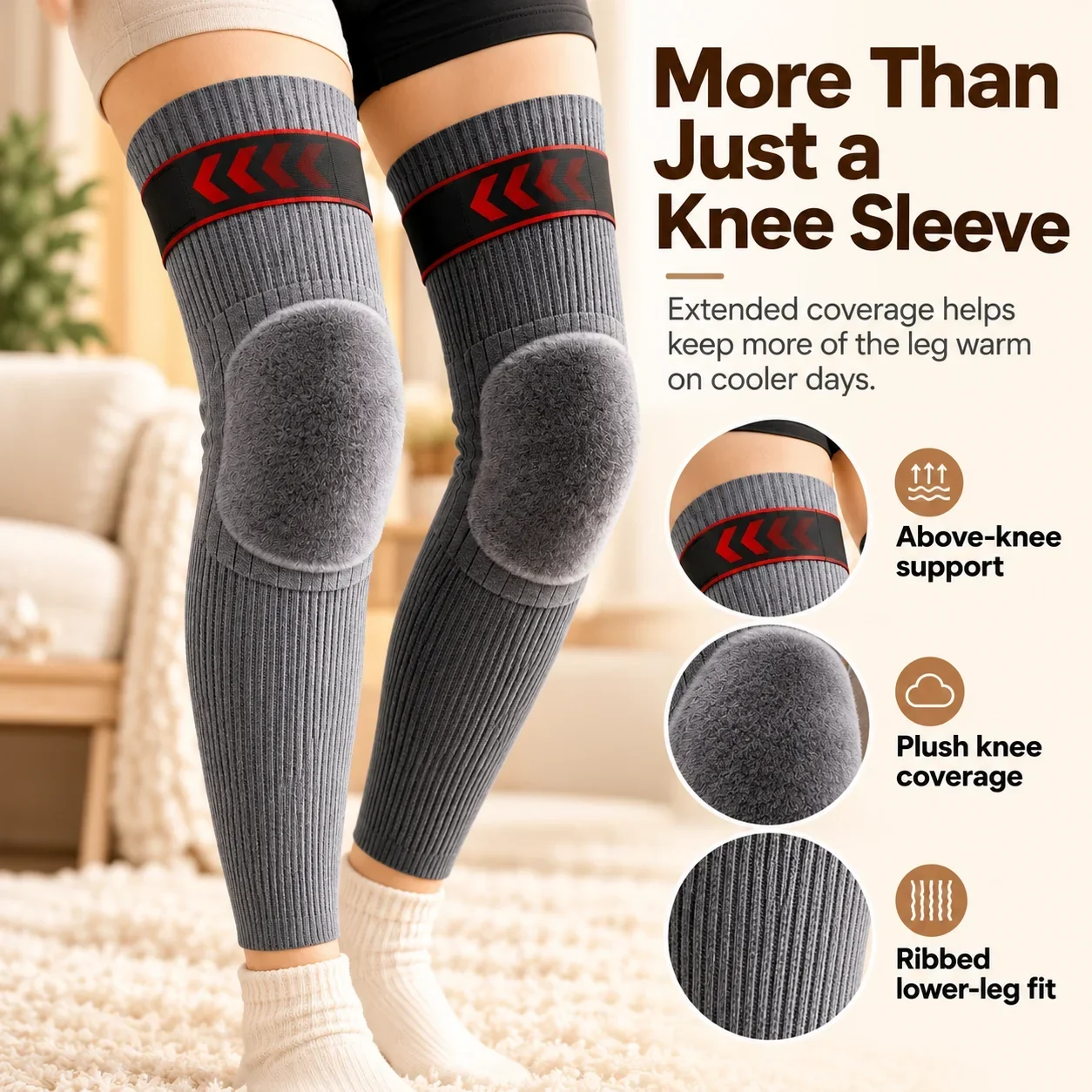 Extended thermal knee warmer showing coverage above knee and down lower leg