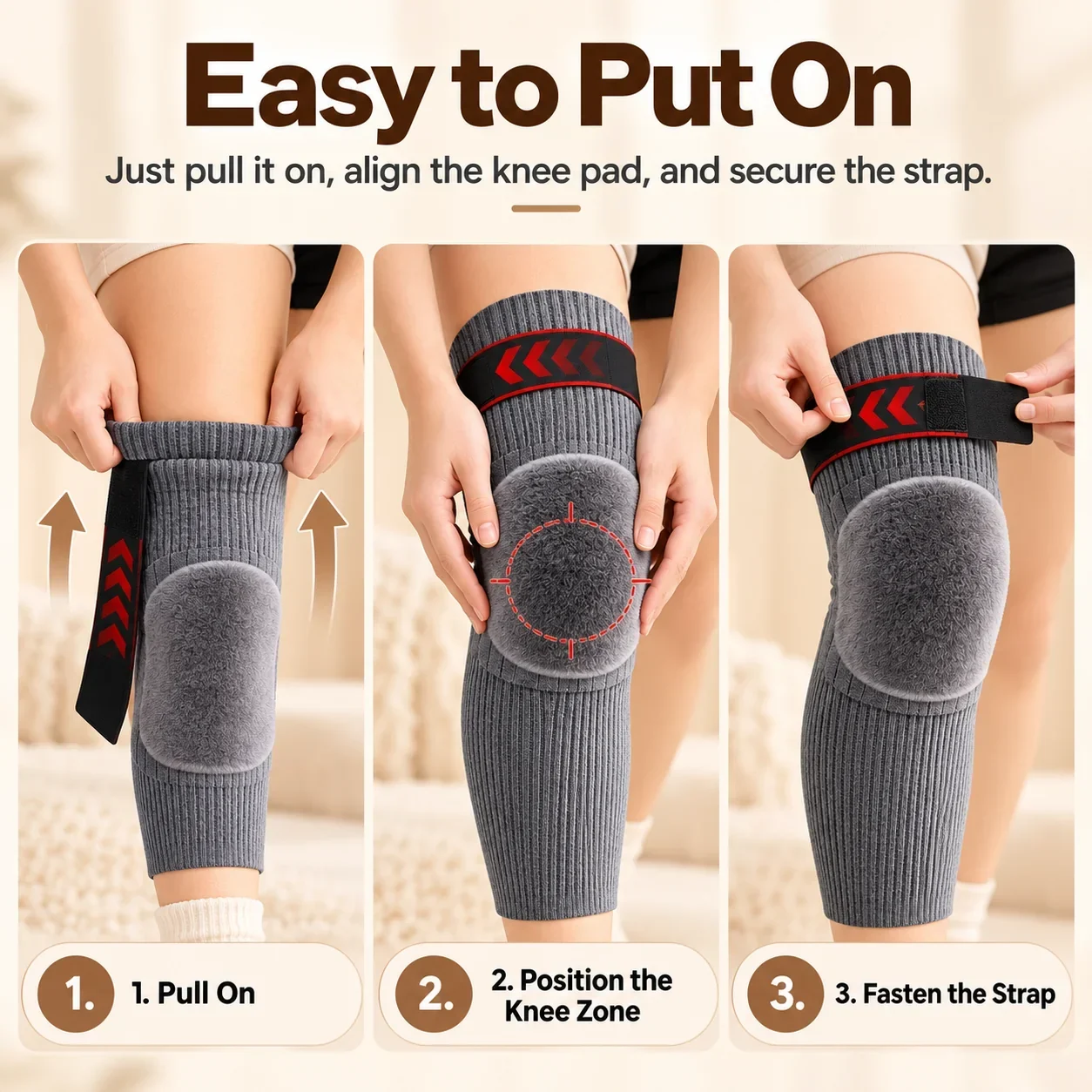 Three-step process for putting on thermal knee warmers