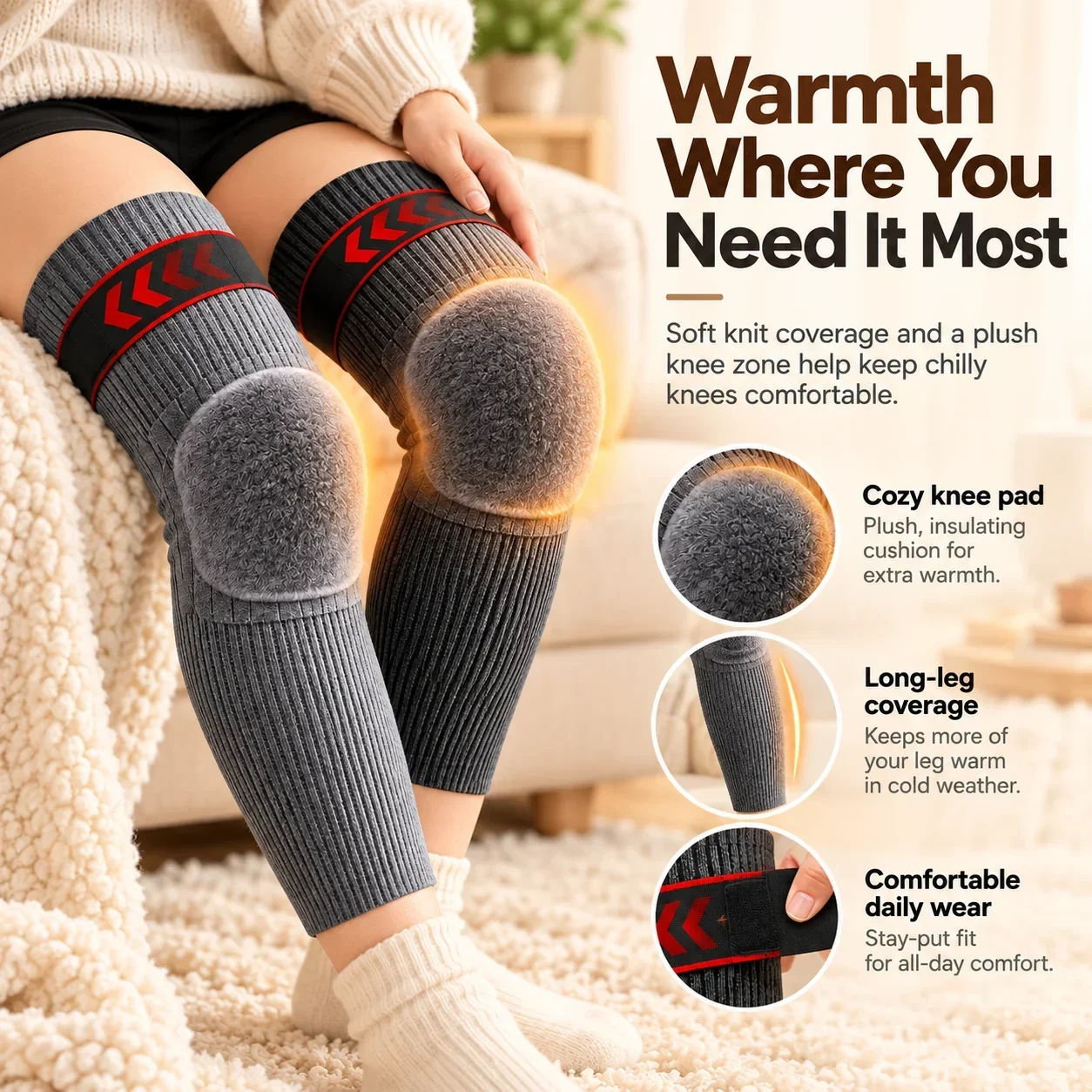 Thermal knee warmers showing plush knee zone extended knit coverage and adjustable strap