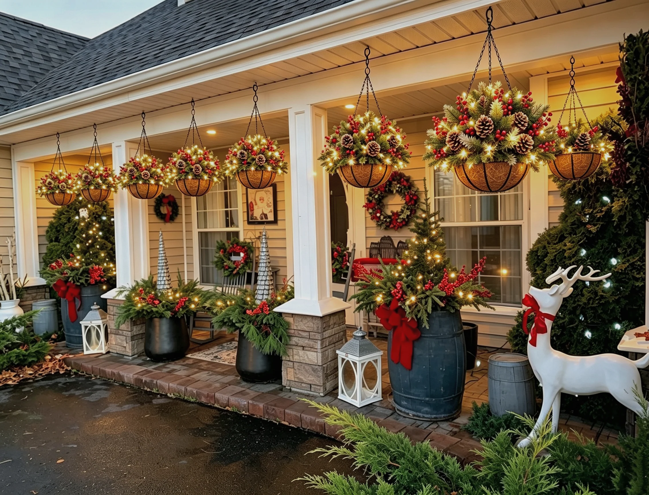 Artificial pre-lit Christmas basket compared with fresh greenery