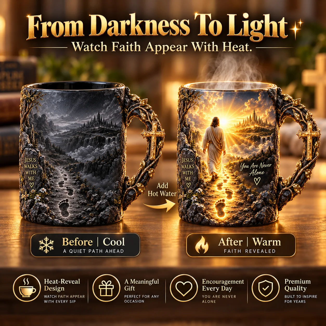 Jesus Walks With Me heat-reveal mug showing the cool and warm designs