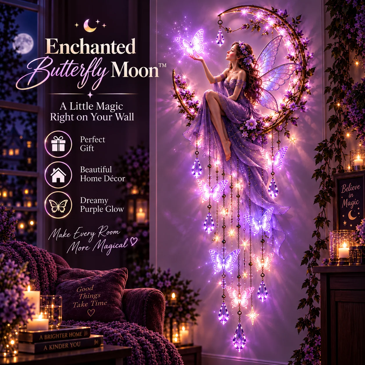Enchanted Butterfly Moon illuminated fairy and butterfly crescent wall decoration