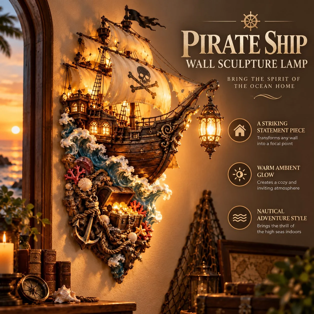 Illuminated pirate ship wall decor with sails, waves, a hanging lantern, and a treasure chest