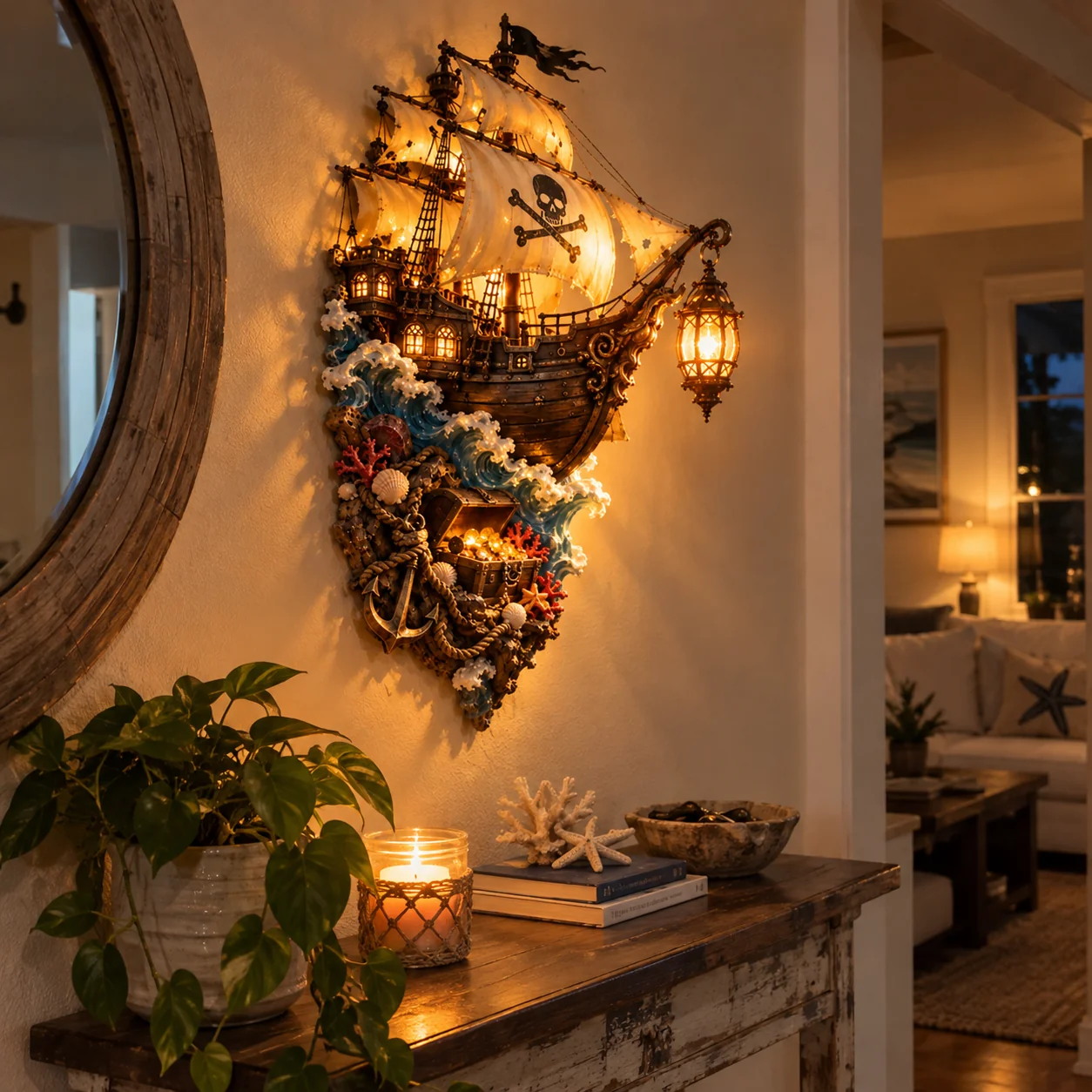 Pirate ship wall decor displayed beside a round mirror above a console table